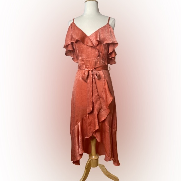 #44 COPY - Orange Satin Ruffle Wrap Asymmetric Party Dress - Picture 1 of 9